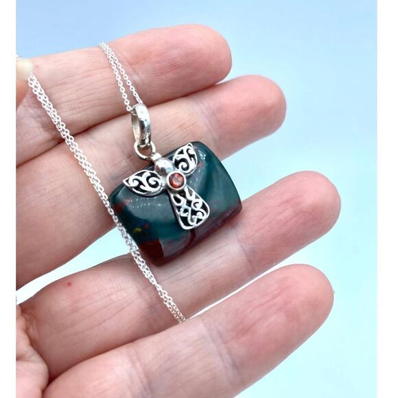 Bloodstone & Garnet Sterling Silver Angel Necklace - Picture 3 of 7